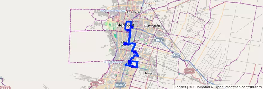 Mapa del recorrido 121 - Bº La Gloria - Rodriguez Peña de la línea G07 en Mendoza.