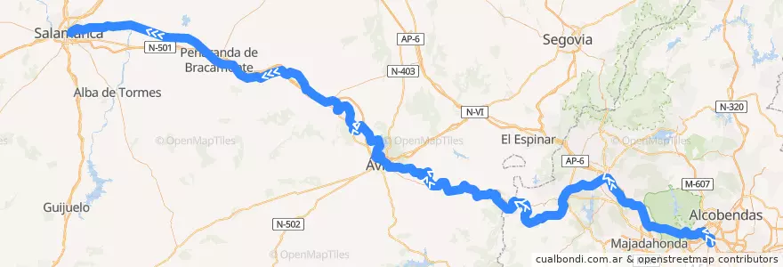 Mapa del recorrido R-20 de la línea  en Spanje.