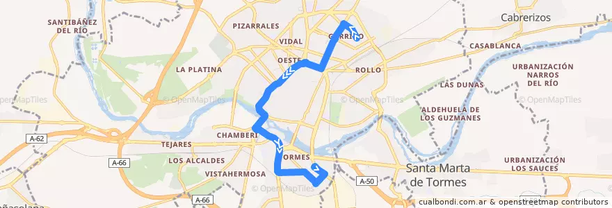 Mapa del recorrido 6. Garrido → San José (Por Hospitales) de la línea  en Salamanca.