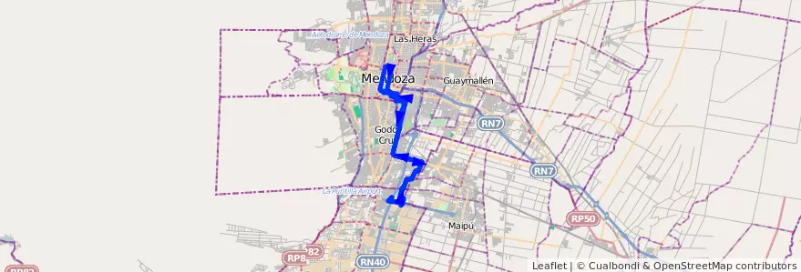 Mapa del recorrido 122 - Bº La Gloria - Puente Olive de la línea G07 en Mendoza.