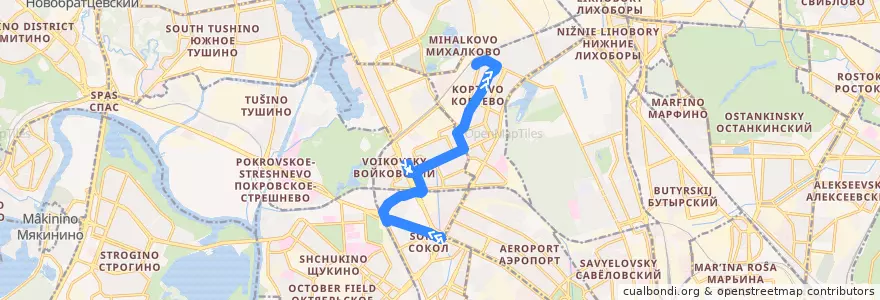 Mapa del recorrido Трамвай №23: Метро «Сокол» — Михалково de la línea  en Nördlicher Verwaltungsbezirk.