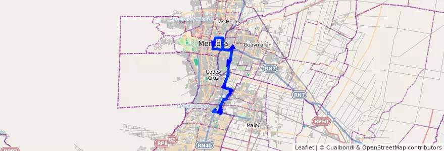 Mapa del recorrido 124 - Bº La Gloria - Directo por Acceso Sur de la línea G07 en Mendoza.