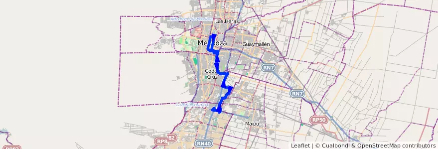 Mapa del recorrido 124 - Bº La Gloria - Directo por Costanera de la línea G07 en Мендоса.