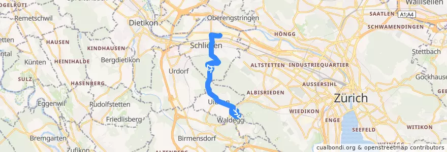 Mapa del recorrido Bus 201: Uitikon Waldegg, Bahnhof => Schlieren, Rütistrasse de la línea  en Bezirk Dietikon.