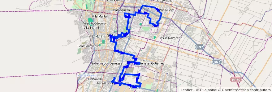 Mapa del recorrido 125 - Barrio La Gloria - Barrio Unimev - Hospital Notti de la línea G07 en Mendoza.