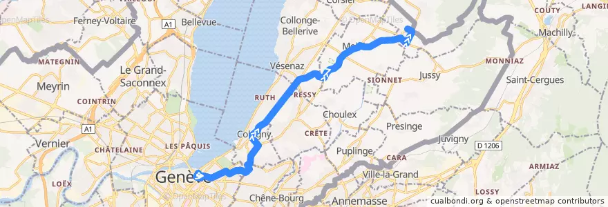Mapa del recorrido Bus A: Rive → Gy de la línea  en Ginebra.