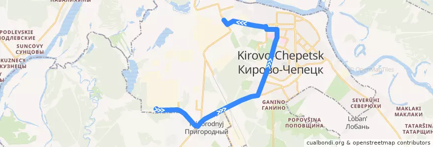 Mapa del recorrido 10 de la línea  en Кировская область.