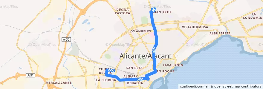 Mapa del recorrido 03: Ciudad de Asís ⇒ Colonia Requena de la línea  en Alacant / Alicante.