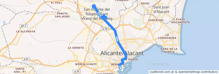 Mapa del recorrido 24: Alicante (E. Autobuses) ⇒ Universidad ⇒ San Vicente del Raspeig de la línea  en l'Alacantí.