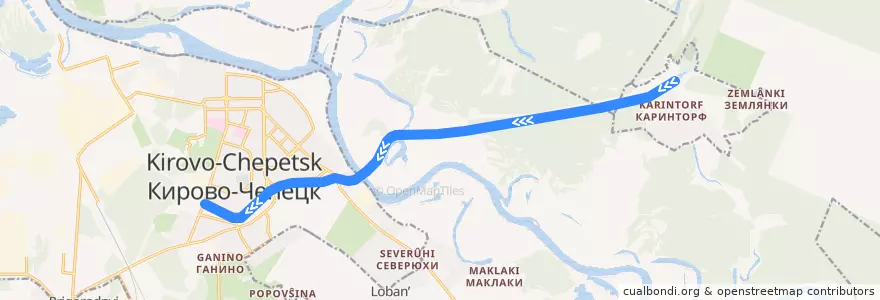 Mapa del recorrido Каринская УЖД de la línea  en Kirov Oblast.