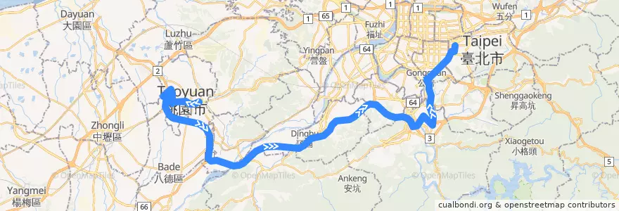Mapa del recorrido 9009 桃園市西北區-國道3號-臺北市東南區(往程) de la línea  en Taiwan.