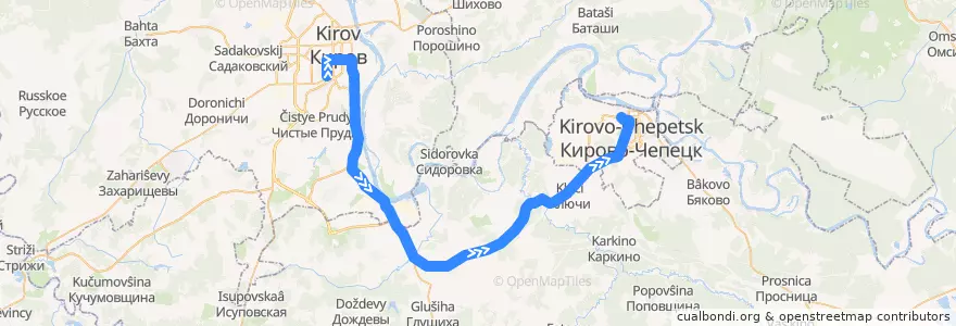 Mapa del recorrido Автобус №103: Киров — Кирово-Чепецк de la línea  en Кировская область.