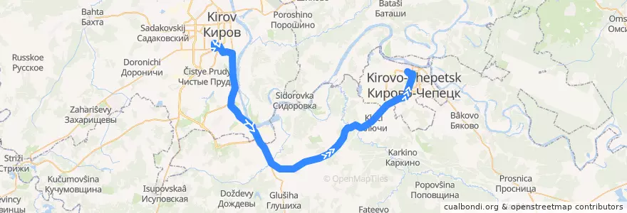 Mapa del recorrido Киров - Кирово-Чепецк (экспресс) de la línea  en Кировская область.