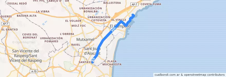 Mapa del recorrido C-53: Hospital de Sant Joan ⇒ El Campello de la línea  en l'Alacantí.