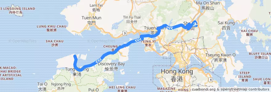 Mapa del recorrido A41 (Sha Tin (Yu Chui Court) - Airport) de la línea  en Wilayah Baru.