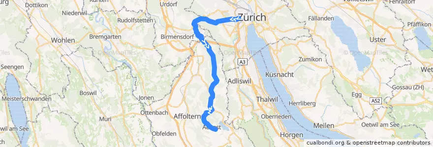 Mapa del recorrido Bus 235: Zürich, Bahnhof Wiedikon => Aeugst am Albis, Grossacher de la línea  en 취리히.