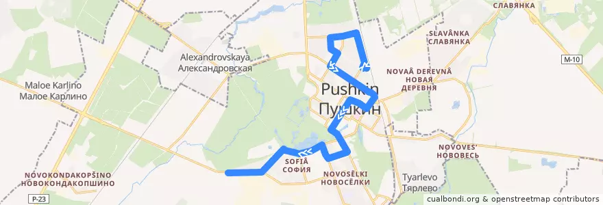 Mapa del recorrido Автобус № 381: Железнодорожная улица => Красносельское шоссе de la línea  en Пушкин.