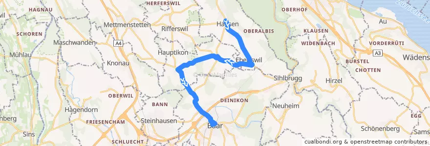 Mapa del recorrido Bus 280: Hausen am Albis, Post => Baar, Bahnhof de la línea  en Schweiz/Suisse/Svizzera/Svizra.