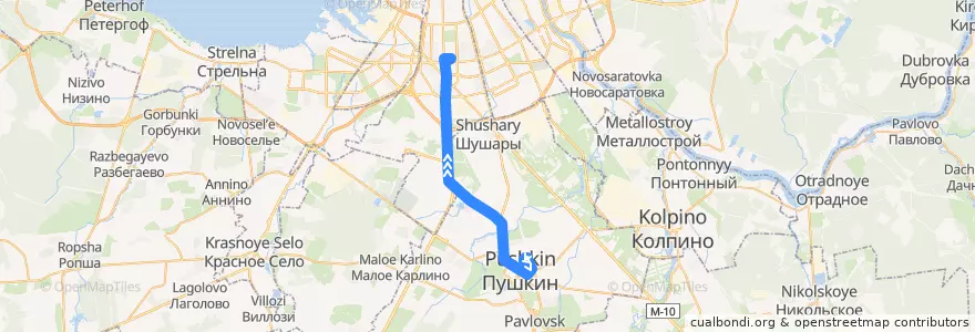 Mapa del recorrido Автобус № 187: Пушкин, Железнодорожная улица => Санкт-Петербург, станция метро "Московская" de la línea  en Санкт-Петербург.