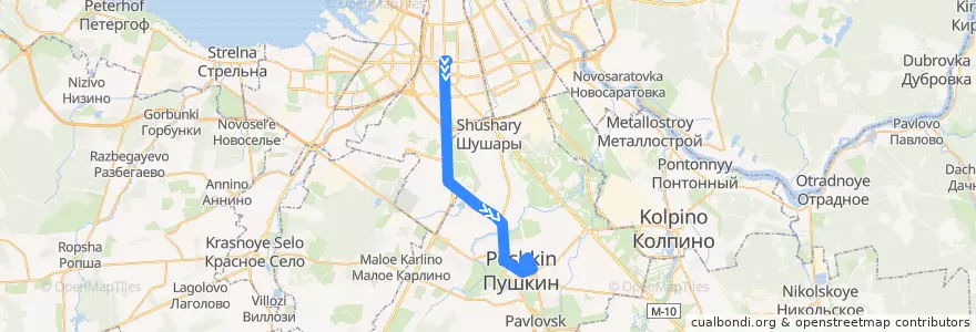 Mapa del recorrido Автобус № 187: Санкт-Петербург, станция метро "Московская" => Пушкин, Железнодорожная улица de la línea  en Санкт-Петербург.