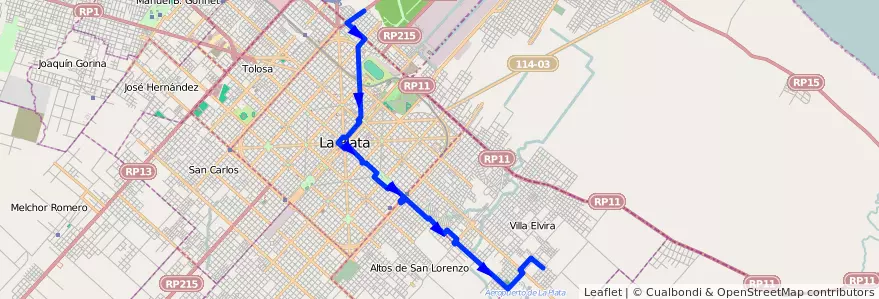 Mapa del recorrido 13 de la línea Este en Partido de La Plata.
