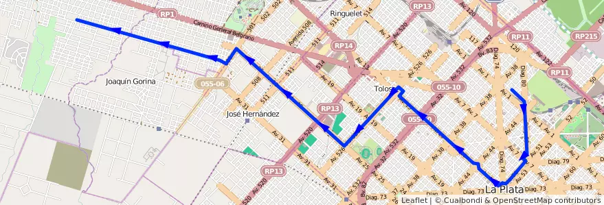 Mapa del recorrido 13 de la línea Norte en Partido de La Plata.