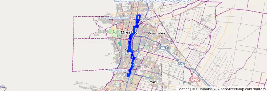 Mapa del recorrido 13 - Roca - Bº Aeronautico - Casa de Gob. de la línea G01 en Мендоса.