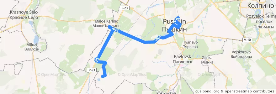 Mapa del recorrido Автобус № 188: Пушкин, Железнодорожная улица => Лесное de la línea  en Пушкин.