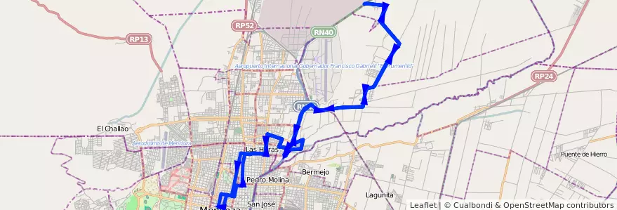 Mapa del recorrido 131 - Borbollon por Av. de Acceso Norte de la línea G06 en Mendoza.