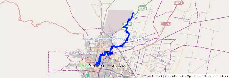 Mapa del recorrido 131 - Cuyanita - Acceso Norte - Borbollon de la línea G06 en Mendoza.