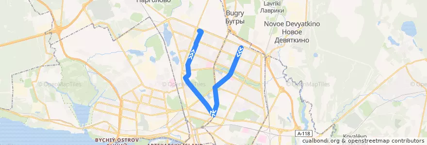 Mapa del recorrido Троллейбус № 13: Светлановский проспект => Придорожная Аллея de la línea  en Санкт-Петербург.