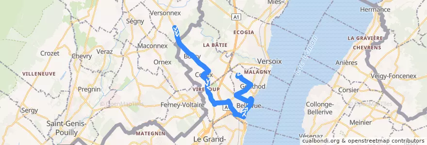 Mapa del recorrido Bus 52: Bois-Chatton → Genthod-Le-Haut de la línea  en Ginevra.