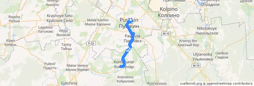 Mapa del recorrido Автобус № 545: Пушкин, Железнодорожная улица => Коммунар de la línea  en Ленинградская область.