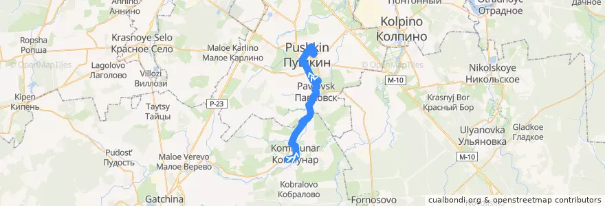 Mapa del recorrido Автобус № 545: Коммунар => Пушкин, Железнодорожная улица de la línea  en Ленинградская область.