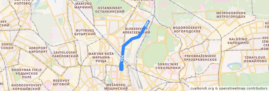 Mapa del recorrido Автобус 714: Улица Павла Корчагина => Рижский вокзал de la línea  en Северо-Восточный административный округ.