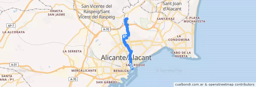 Mapa del recorrido 13: Explanada ⇒ Villafranqueza de la línea  en Alacant / Alicante.
