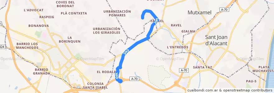 Mapa del recorrido 26: Villafranqueza ⇒ Tángel de la línea  en l'Alacantí.