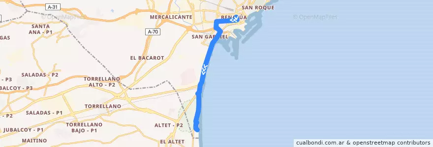 Mapa del recorrido 27: Óscar Esplá ⇒ Urbanova de la línea  en Alacant / Alicante.