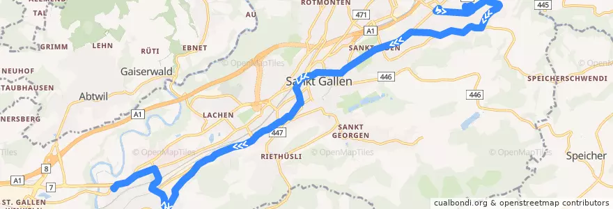 Mapa del recorrido Bus 8: Neudorf/R'strasse => Wendeplatz Stocken de la línea  en St. Gallen.