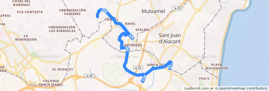 Mapa del recorrido 35: Hospital Sant Joan ⇒ Tángel de la línea  en l'Alacantí.