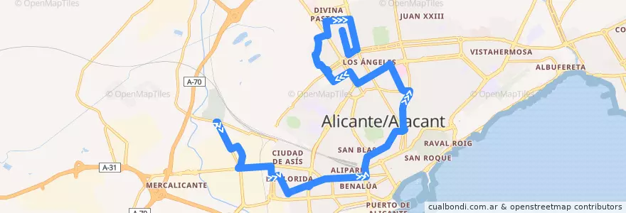 Mapa del recorrido 04: Cementerio ⇒ Barrio Tómbola de la línea  en Alacant / Alicante.