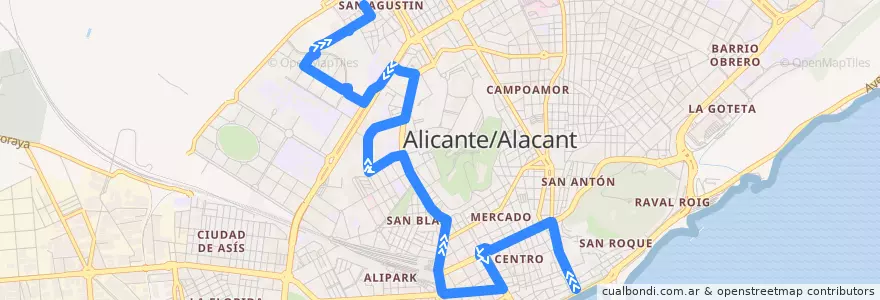 Mapa del recorrido 05: Explanada ⇒ San Agustín de la línea  en Alicante.