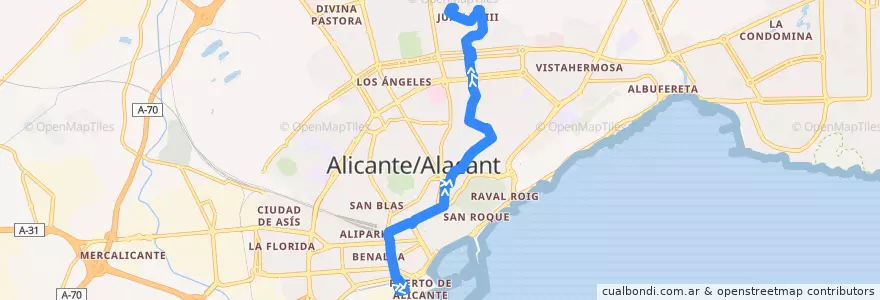 Mapa del recorrido 06: Estación de Autobuses ⇒ Juan XXIII (2º sector) de la línea  en Alacant / Alicante.