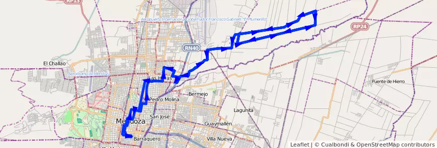 Mapa del recorrido 133 - Alagarrobal Abajo - Centro por Calle Maipú - Casa de Gob. - Bº Victoria de la línea G06 en メンドーサ州.