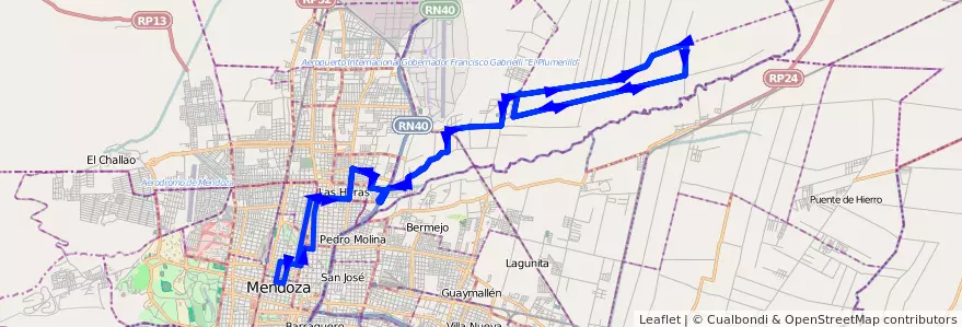 Mapa del recorrido 133 - Algarrobal Abajo - Centro por Calle Maipú - Bº Victoria de la línea G06 en Mendoza.