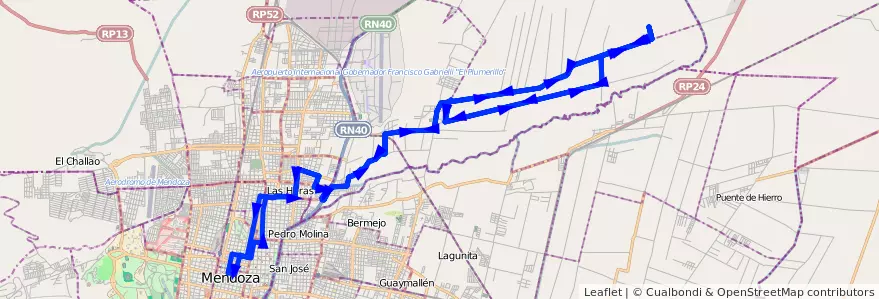 Mapa del recorrido 133 - Algarrobal Abajo - La Pega - Algarrobal Abajo - Centro - Bº Victoria por Calle Maipú de la línea G06 en Мендоса.