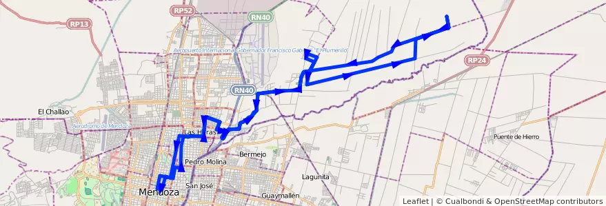 Mapa del recorrido 133 - Bº Victoria - Centro - Algarrobal Abajo - La Pega por Calle Maipú de la línea G06 en Departamento Las Heras.