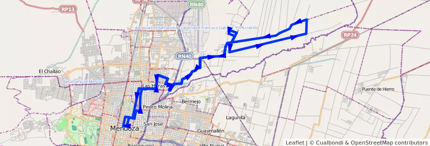 Mapa del recorrido 133 - Bº Victoria - Centro por Calle Maipú - Algarrobal por Abajo de la línea G06 en Мендоса.