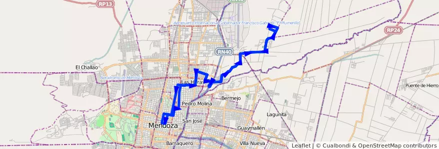 Mapa del recorrido 133 - Bº Victoria por Calle Maipú de la línea G06 en Мендоса.