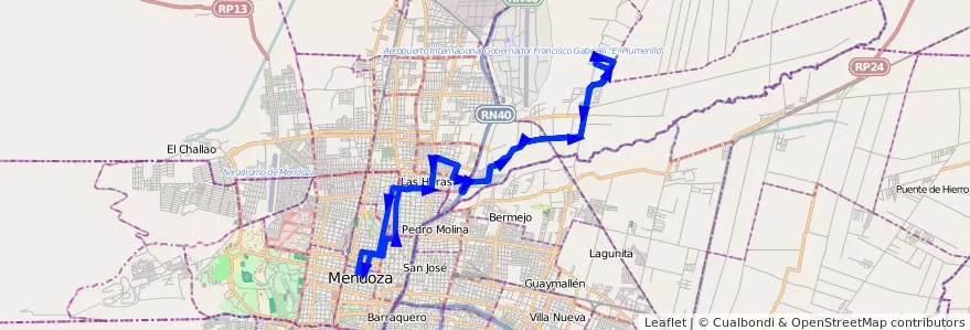 Mapa del recorrido 133 - Bº Victoria por Calle Pedro Pascual Segura de la línea G06 en Mendoza.